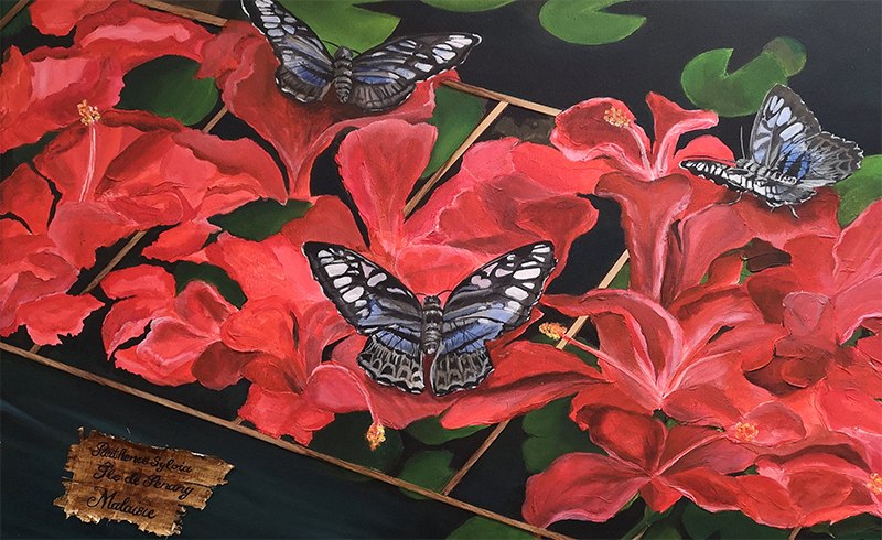 Tableau Célia Taillandier papillon bleu sur fleurs rouge