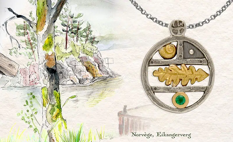 Carnet de voyages Celia Taillandier Norvège , pendentif ma malle aux trésors or et argent, emeraude