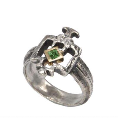 Bague clef romaine or argent et tsavorite