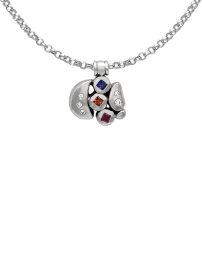 Pendentif or blanc, saphir bleu et orange, rubis diamants.